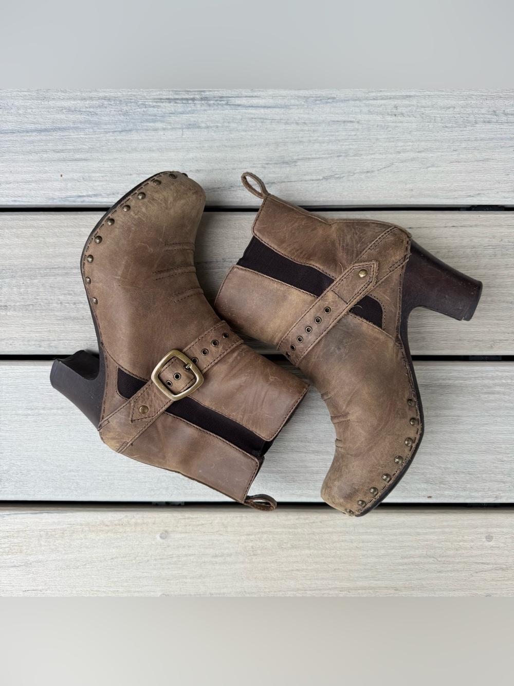 Women's Distressed Brown Leather Buckle Ankle Booties